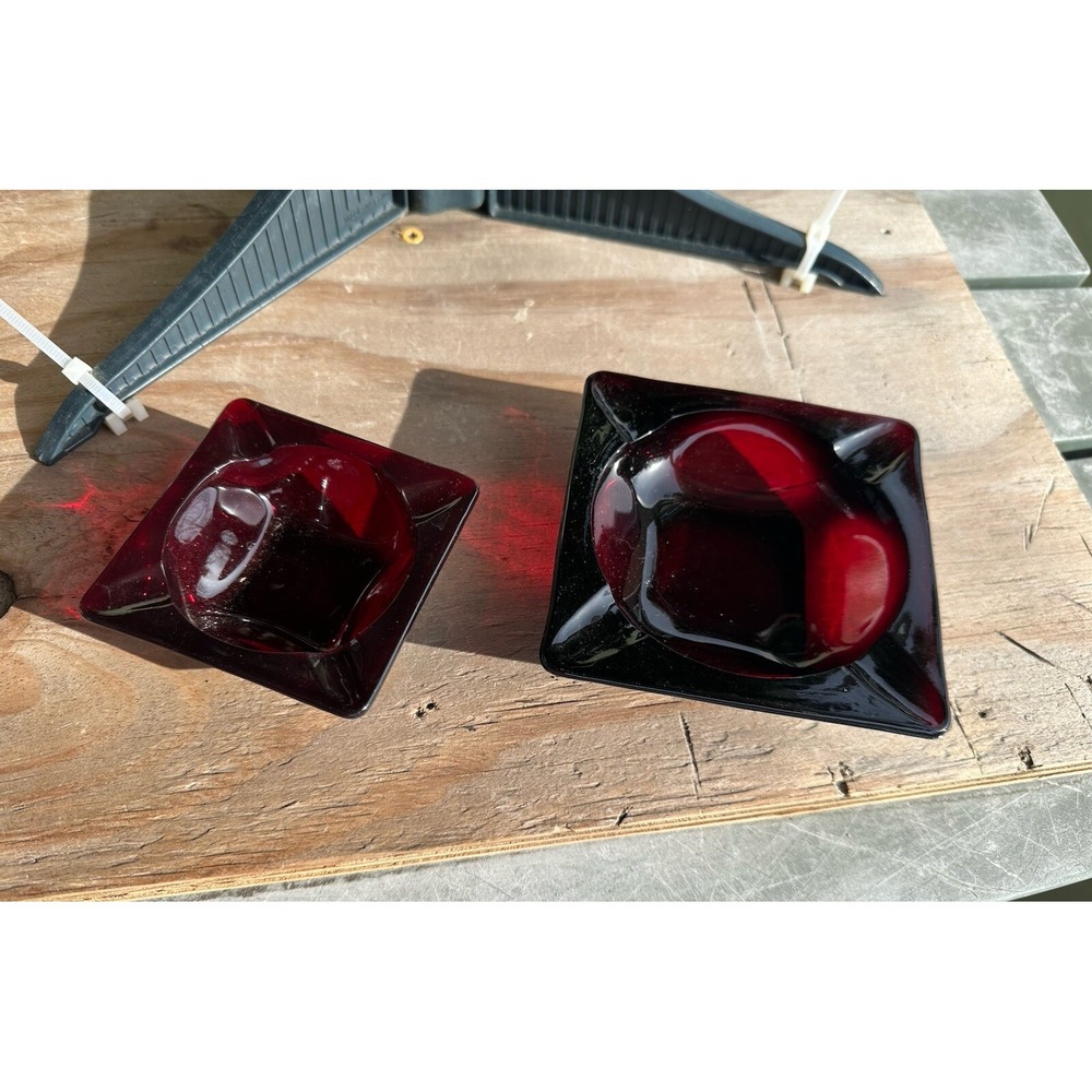 Set Of 2 - Sizes  Royal Ruby Red Glass Square Ashtrays Anchor Hocking